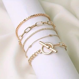 5 Piece Women's Minimalist Gold Chain Bracelet 5 Set with Rhinestones